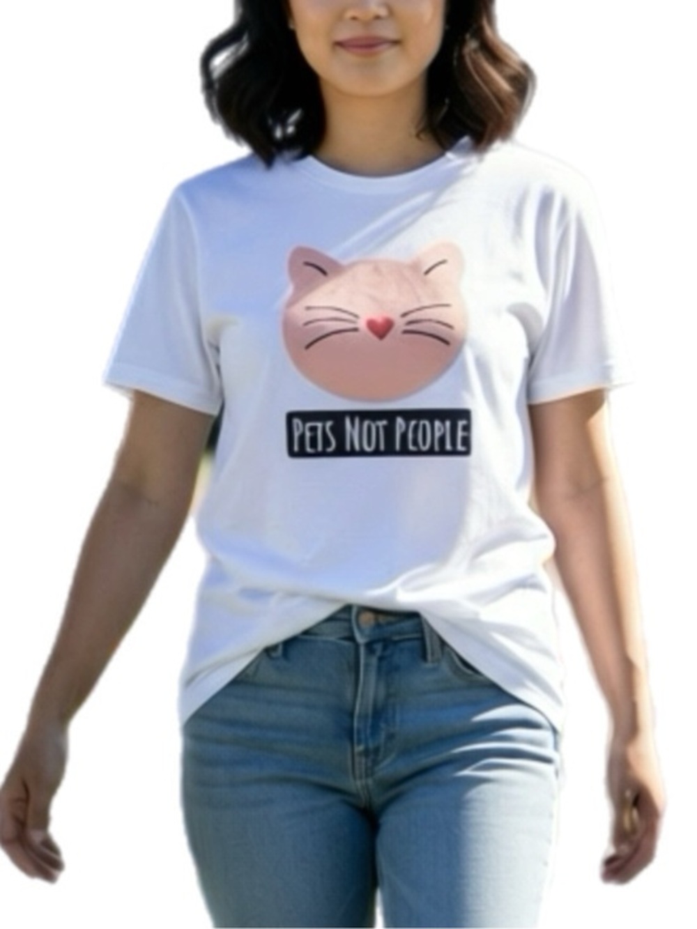 White Graphic Print Shirt Sleeve T Cat Face ‘Pets Not People’ Original Design